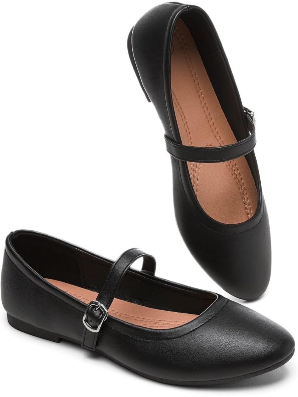 Women's Black Leather Mary Janes Ballet Flat Soft Memory Foam Insole Dress Shoes